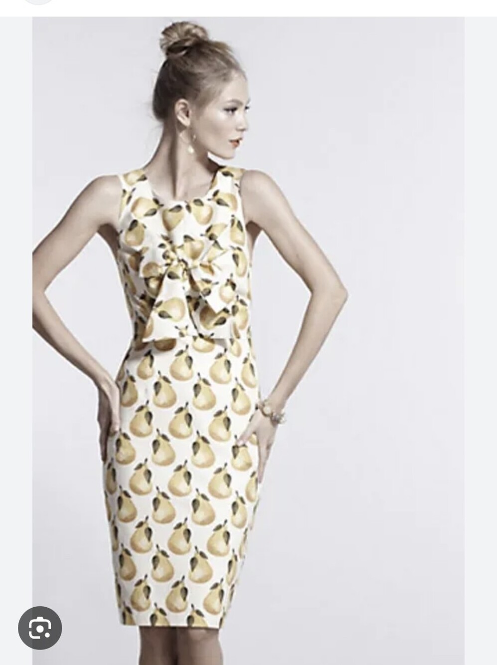 Nadinoo Midi Dress with Yellow Pear Print and Bow Front